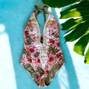 Kona Sol Pink Floral Boho One Piece Swimsuit